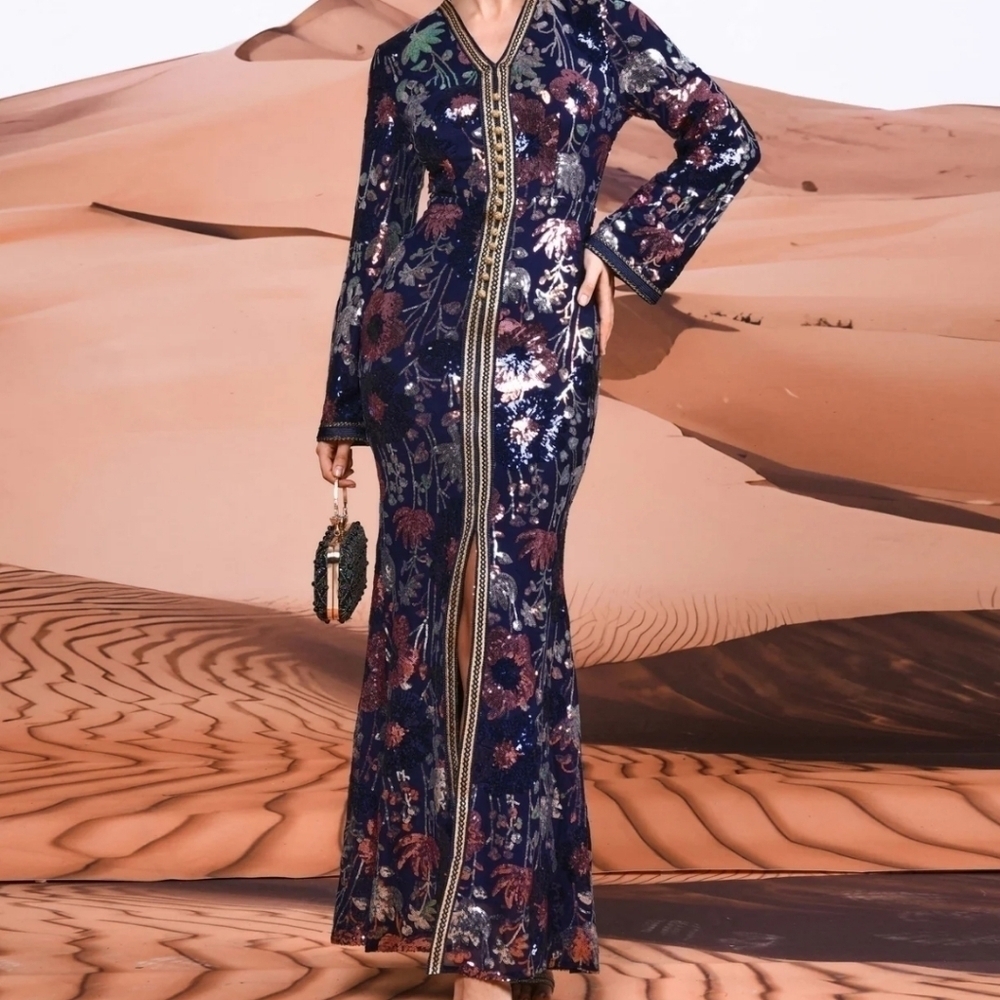 Navy, Floral, V Neck, Long Sleeve, Contrast Sequined Mermaid Gown